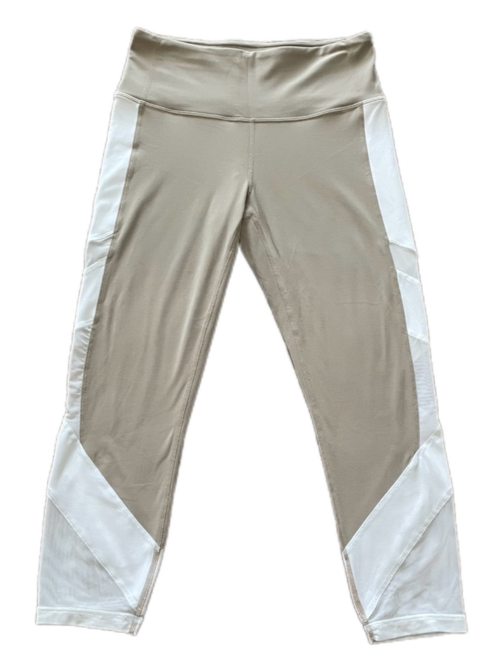 Athleta Taupe Capri Leggings with White Side Panels and Interior Pocket - S